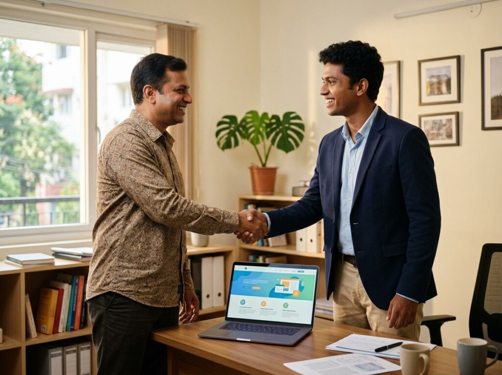Happy client shaking hands with a Vimansoft consultant after a successful project