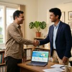 Happy client shaking hands with a Vimansoft consultant after a successful project