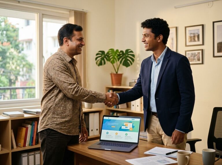 Happy client shaking hands with a Vimansoft consultant after a successful project