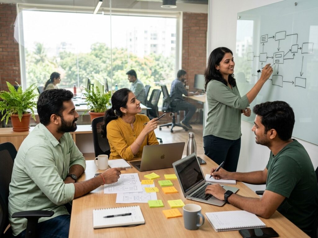 Vimansoft project team planning a website and software project on a whiteboard