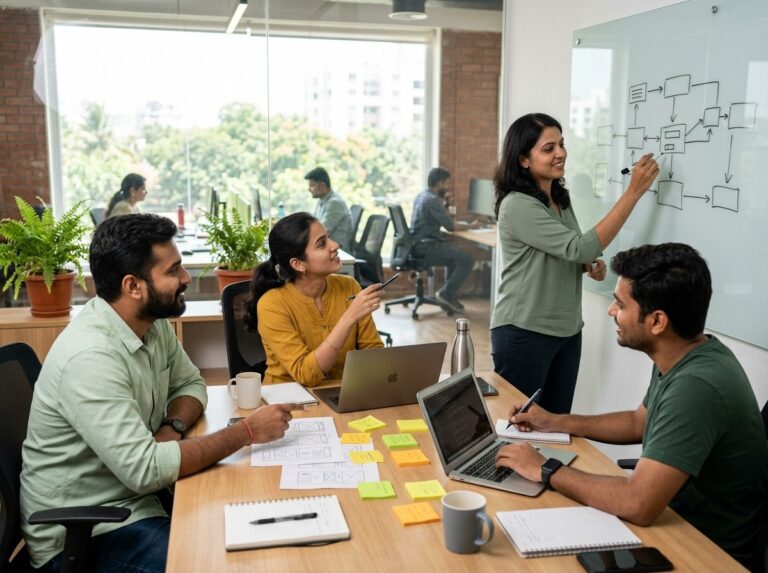 Vimansoft project team planning a website and software project on a whiteboard