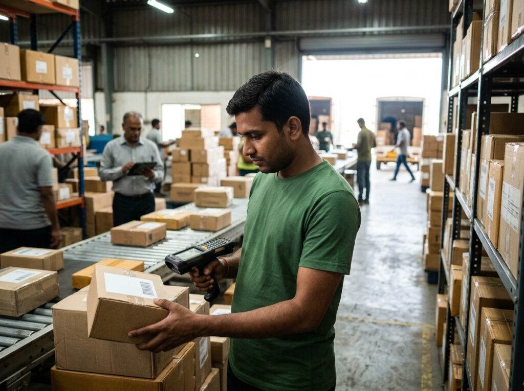 Courier staff scanning parcels in a logistics hub using courier management software