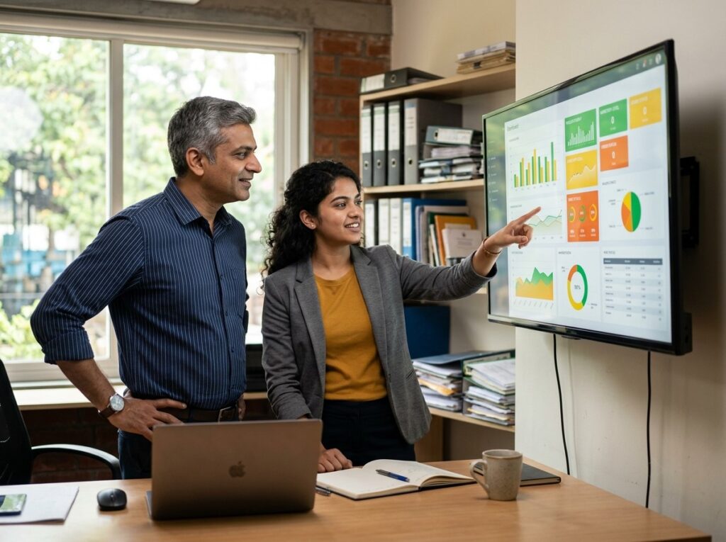 Consultant presenting a custom business software dashboard to a company owner