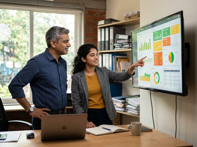 Consultant presenting a custom business software dashboard to a company owner