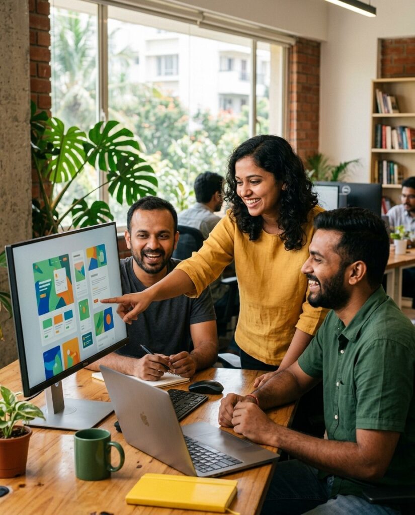 Vimansoft web and software development team collaborating on a website design in Bengaluru