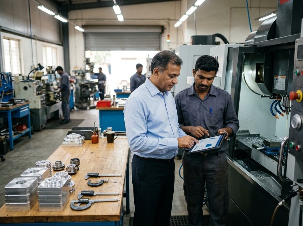 Manufacturing SME owner and supervisor checking production data on a tablet