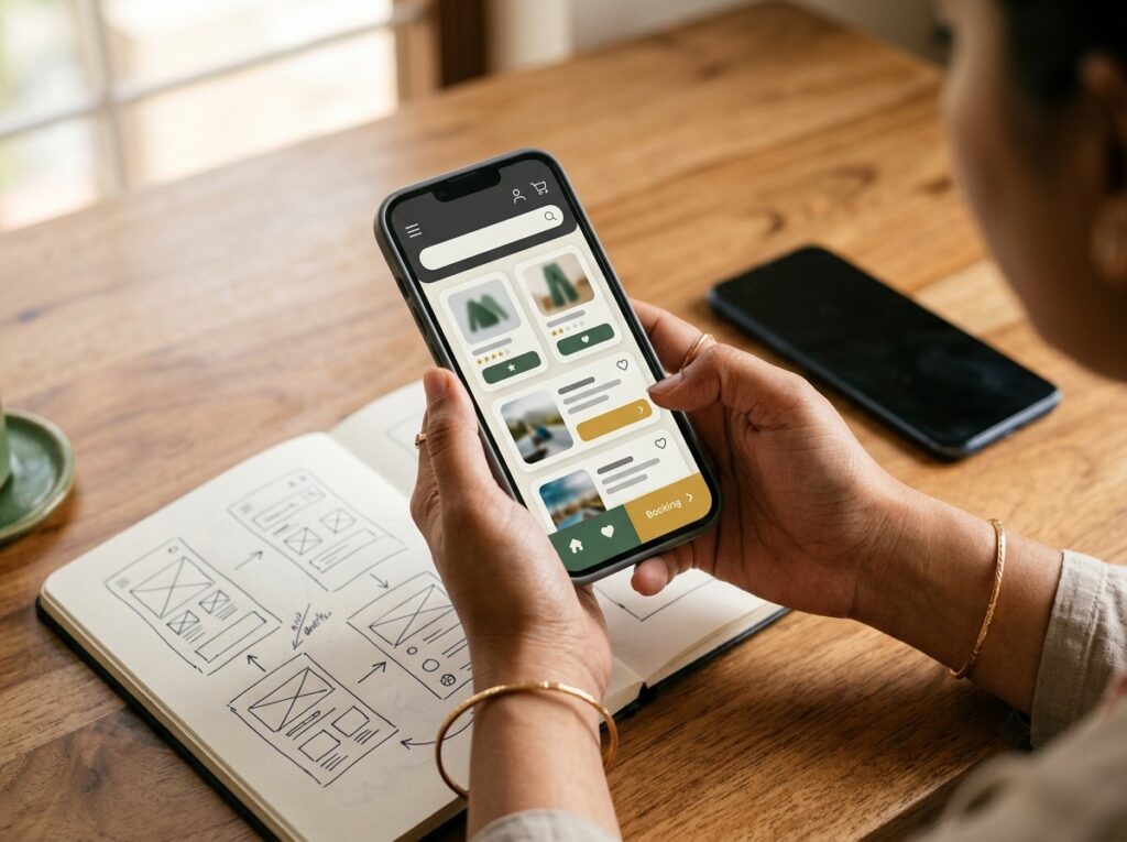 Mobile app with shopping and booking screens being tested on a smartphone
