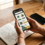 Mobile app with shopping and booking screens being tested on a smartphone