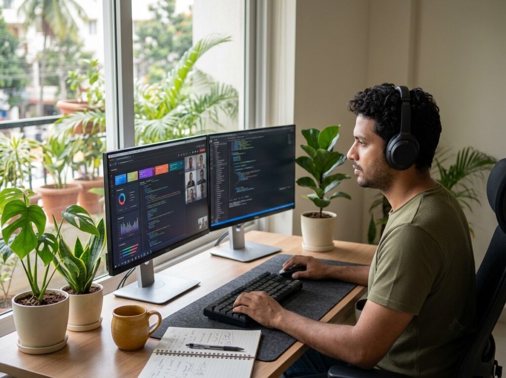 Software developer working from a home office on a client project