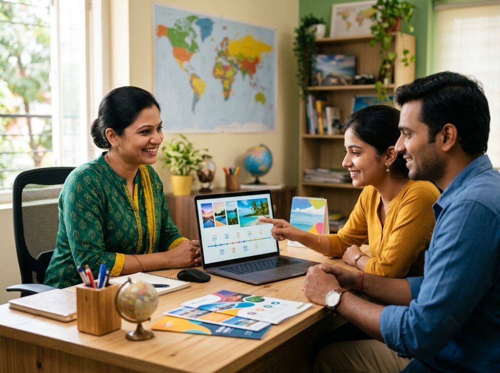Travel agent planning a holiday itinerary with customers using travel agency software