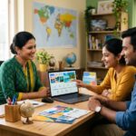 Travel agent planning a holiday itinerary with customers using travel agency software