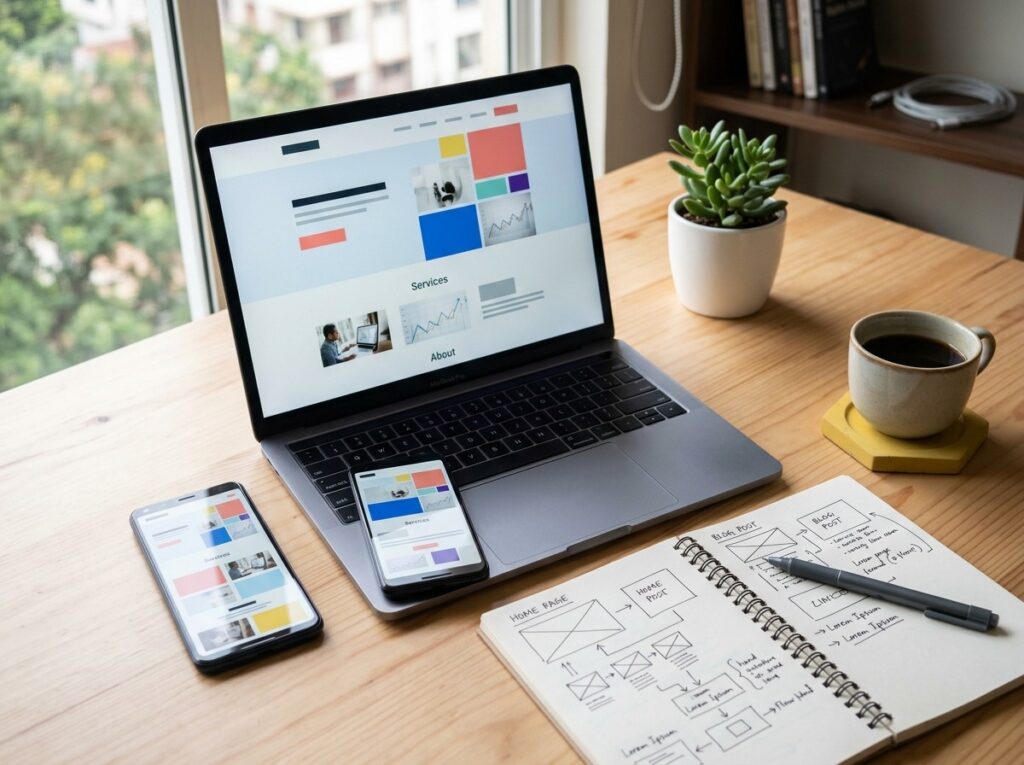 Responsive business website shown on a laptop and smartphones with wireframe sketches