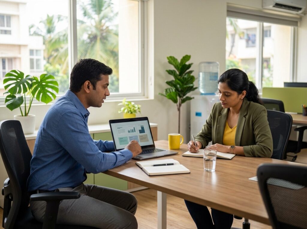 Vimansoft consultant meeting a business owner at her office to plan a project